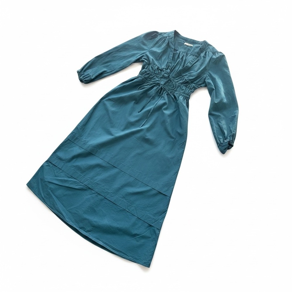 Crescent Maxi Dress Womens Small Teal Cotton Ruched Tie Front Boho Cottagecore